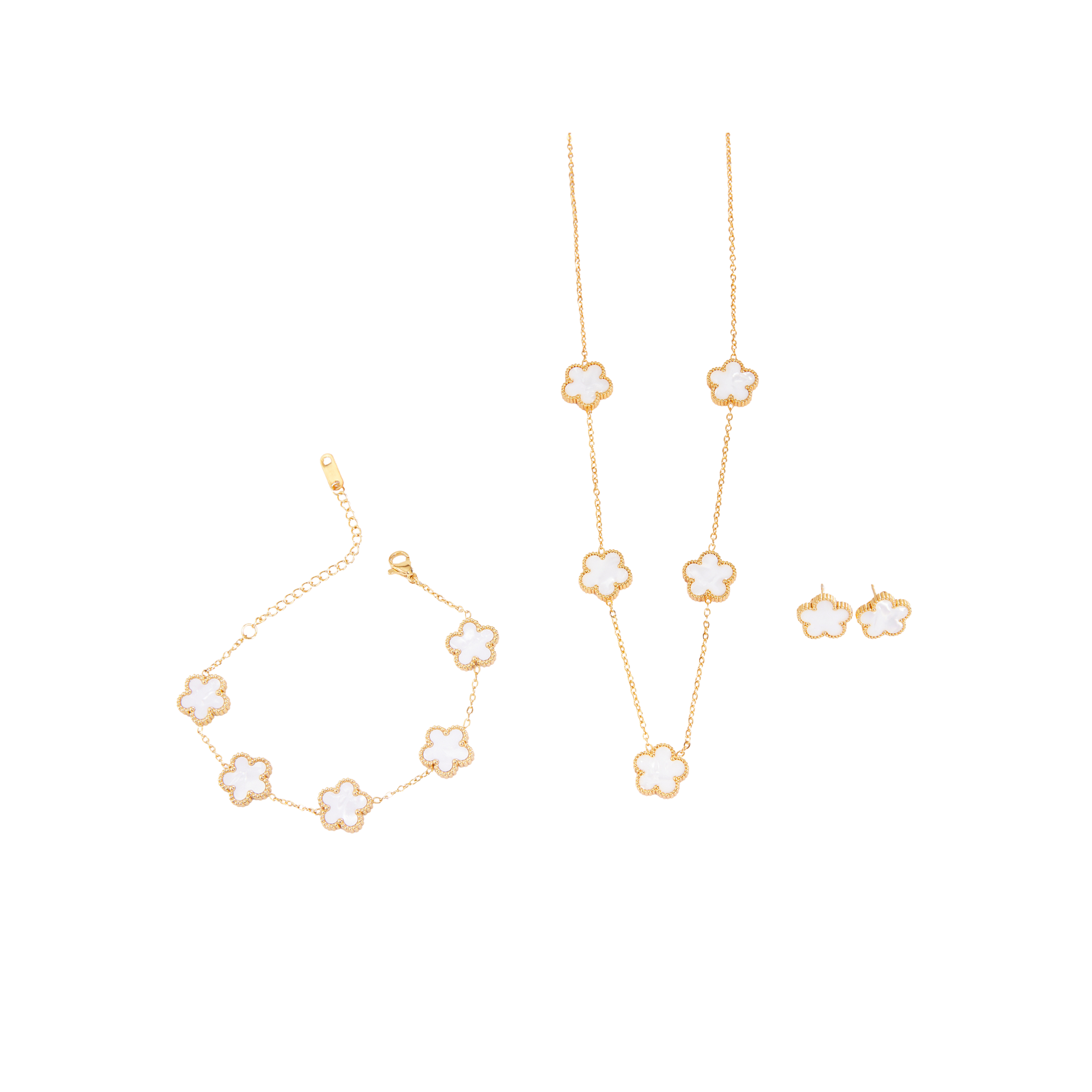Kit Trevo Branco: Colar, Pulseira e Brinco - Banhado em Ouro 18k