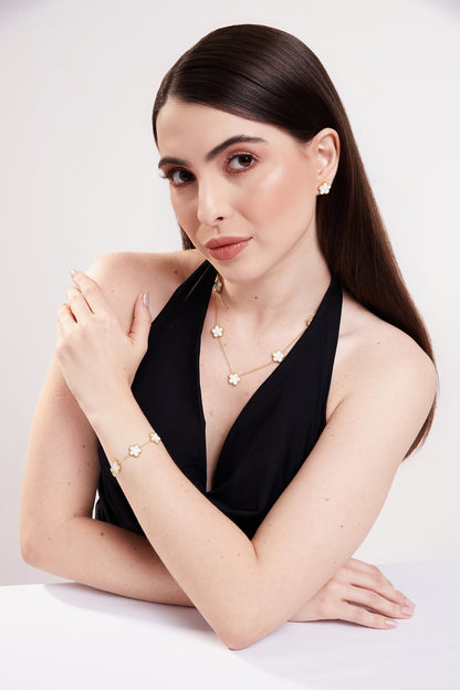 Kit Trevo Branco: Colar, Pulseira e Brinco - Banhado em Ouro 18k