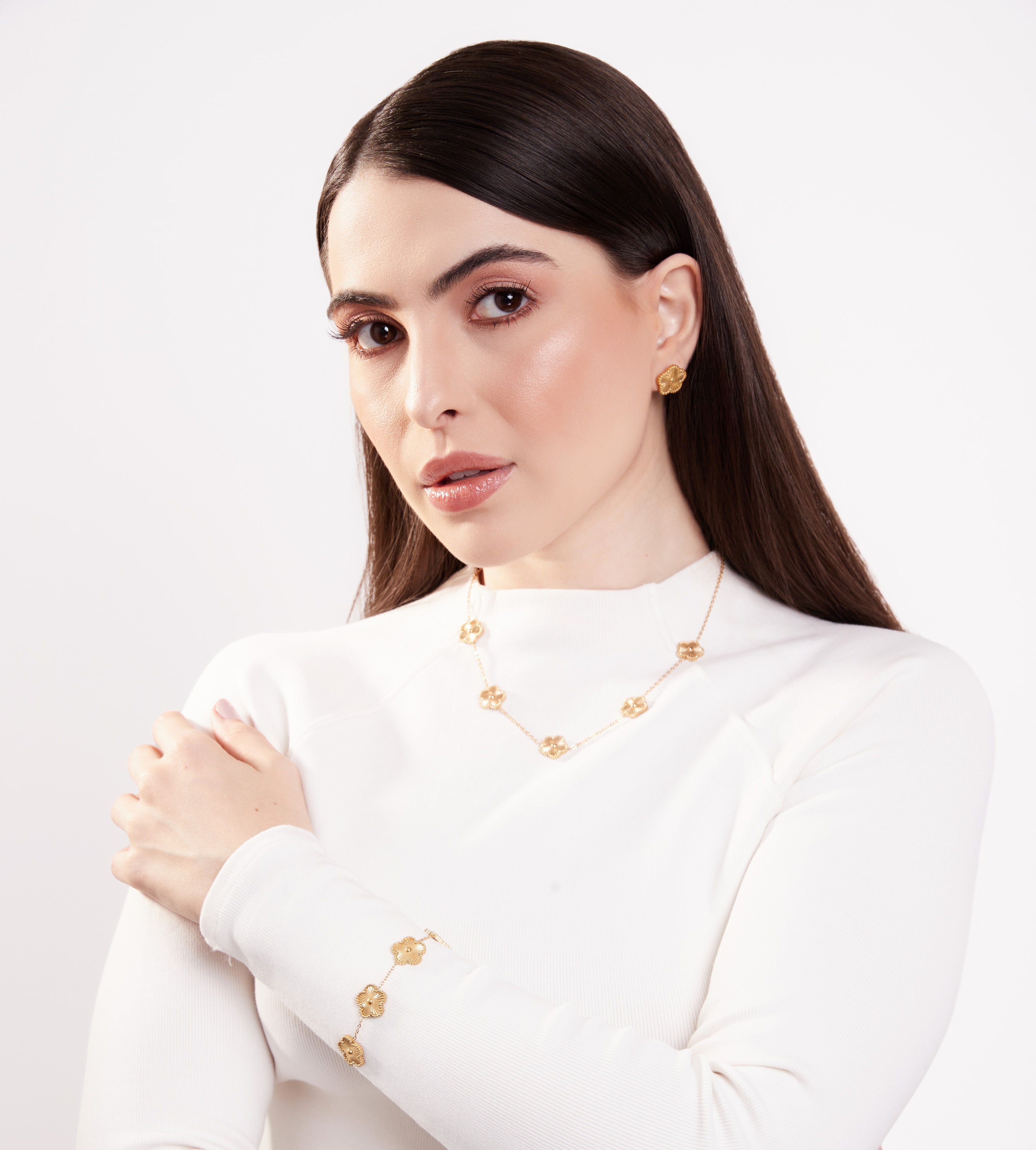 Kit Trevo Gold: Colar, Pulseira e Brinco - Banhado em Ouro 18k