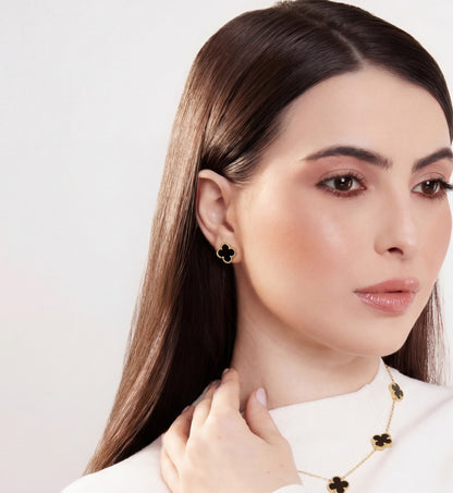 Brincos de Trevo Preto Banhado em Ouro 18k