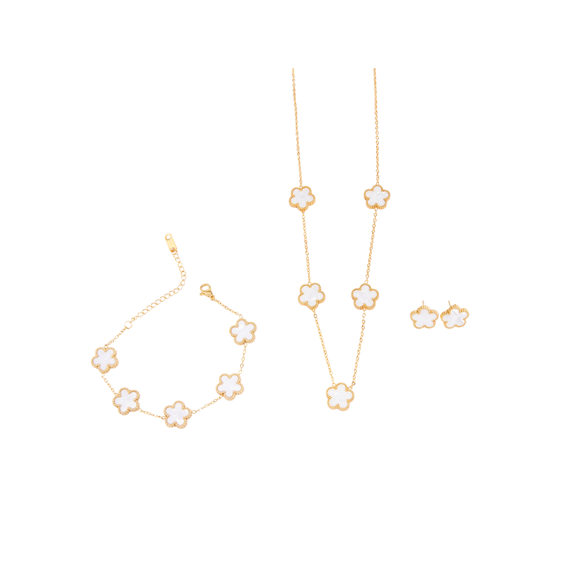 Kit Trevo Branco: Colar, Pulseira e Brinco - Banhado em Ouro 18k