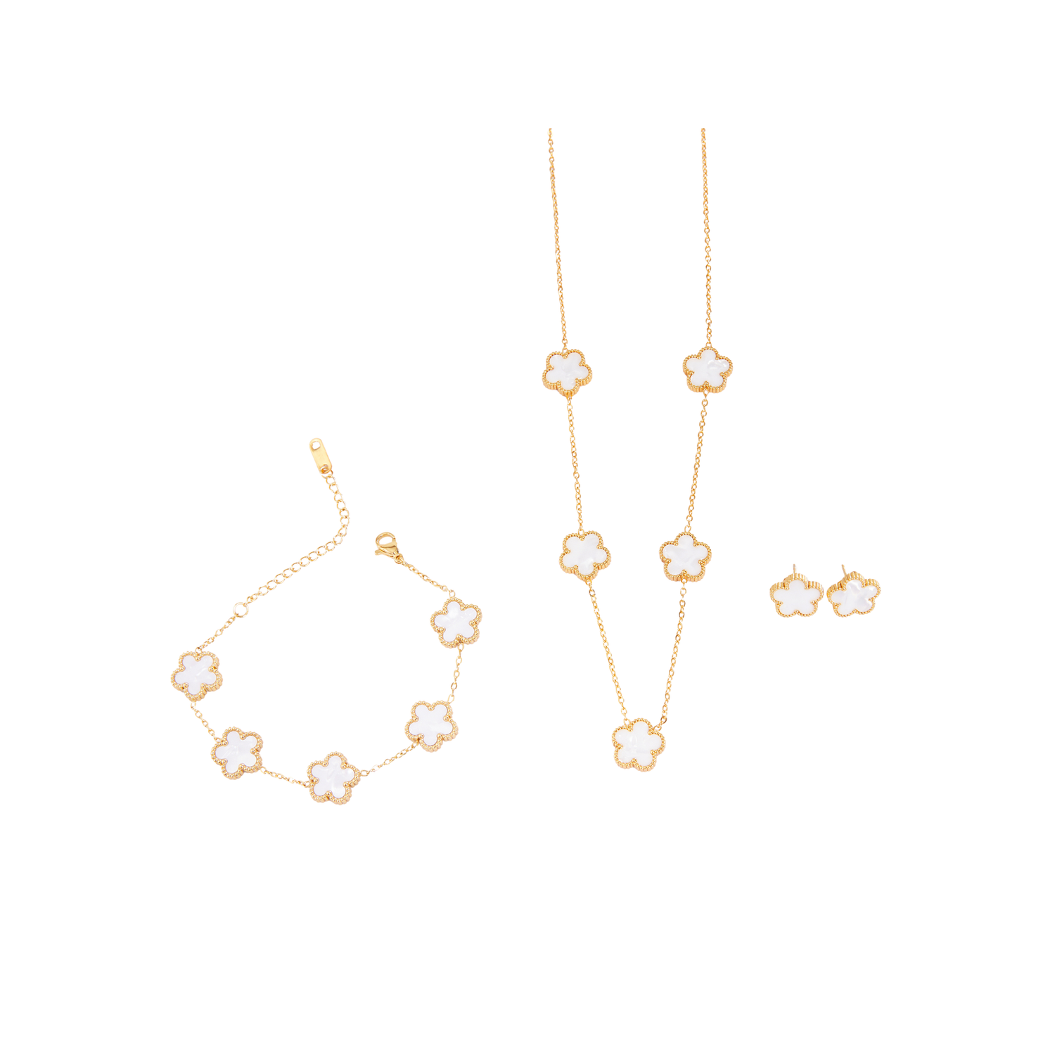 Kit Trevo Branco: Colar, Pulseira e Brinco - Banhado em Ouro 18k