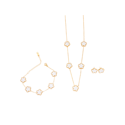 Kit Trevo Branco: Colar, Pulseira e Brinco - Banhado em Ouro 18k