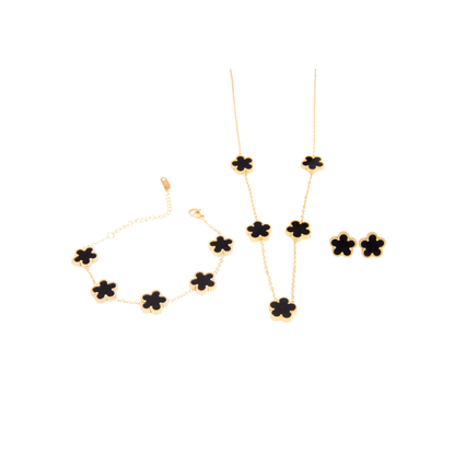 Kit Trevo Preto: Colar, Pulseira e Brinco - Banhado em Ouro 18k